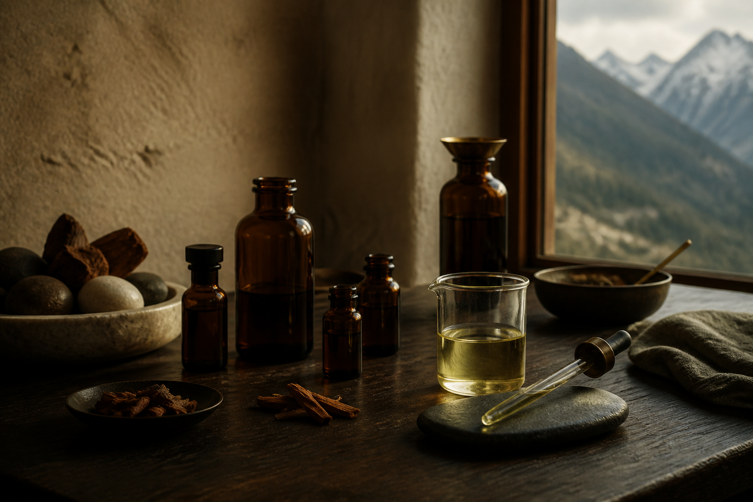 Fragrance oils and botanical ingredients arranged beside a window overlooking the Himalayas