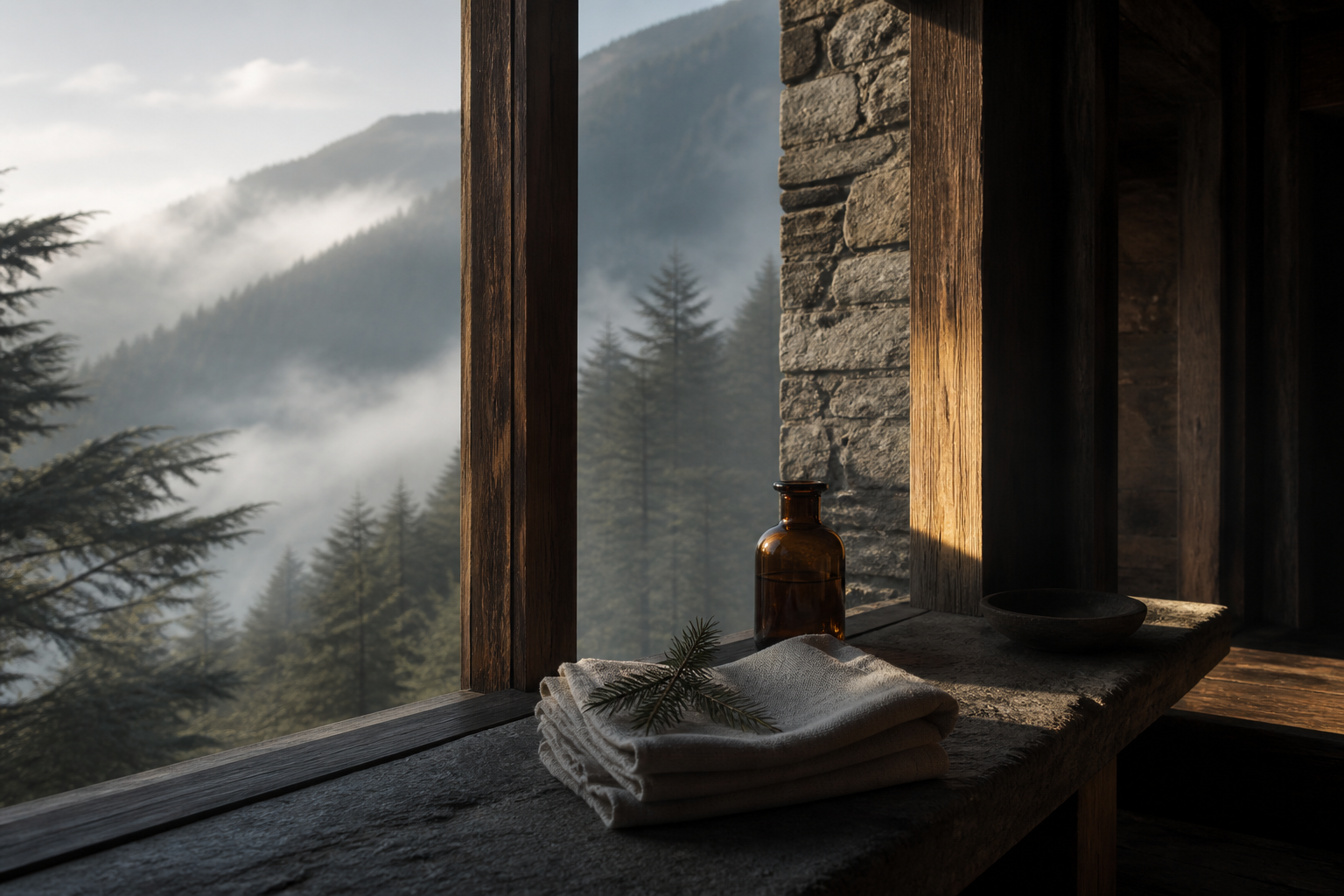A quiet stone and timber Kullu interior overlooking misty cedar-covered mountains