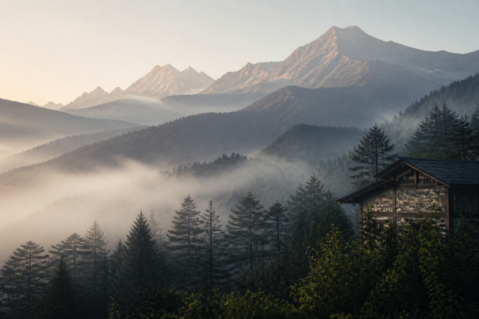 Morning mist moving through cedar forests and a traditional stone home in the Kullu Valley