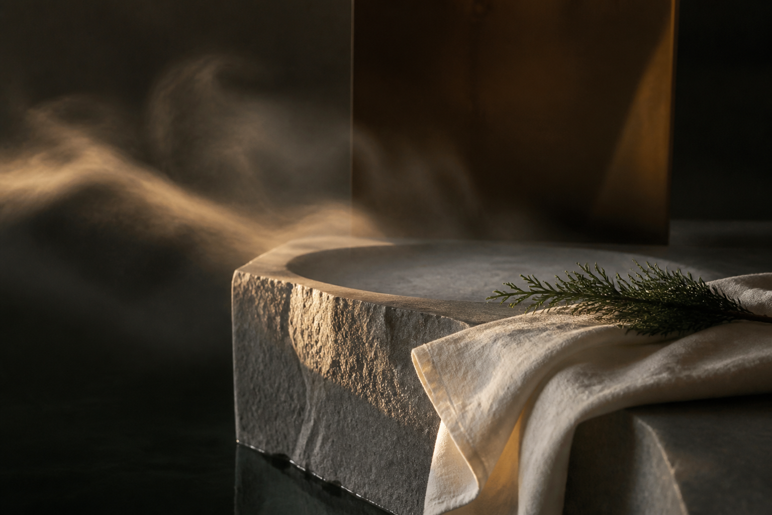 A quiet fragrance mist catching warm light in a modern stone interior